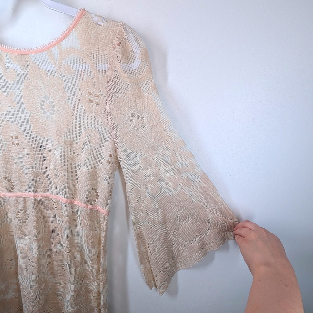 Free People Cream Pink Floral Lace Bell Sleeve Zip Front Mini Dress Tunic Medium - Picture 7 of 7